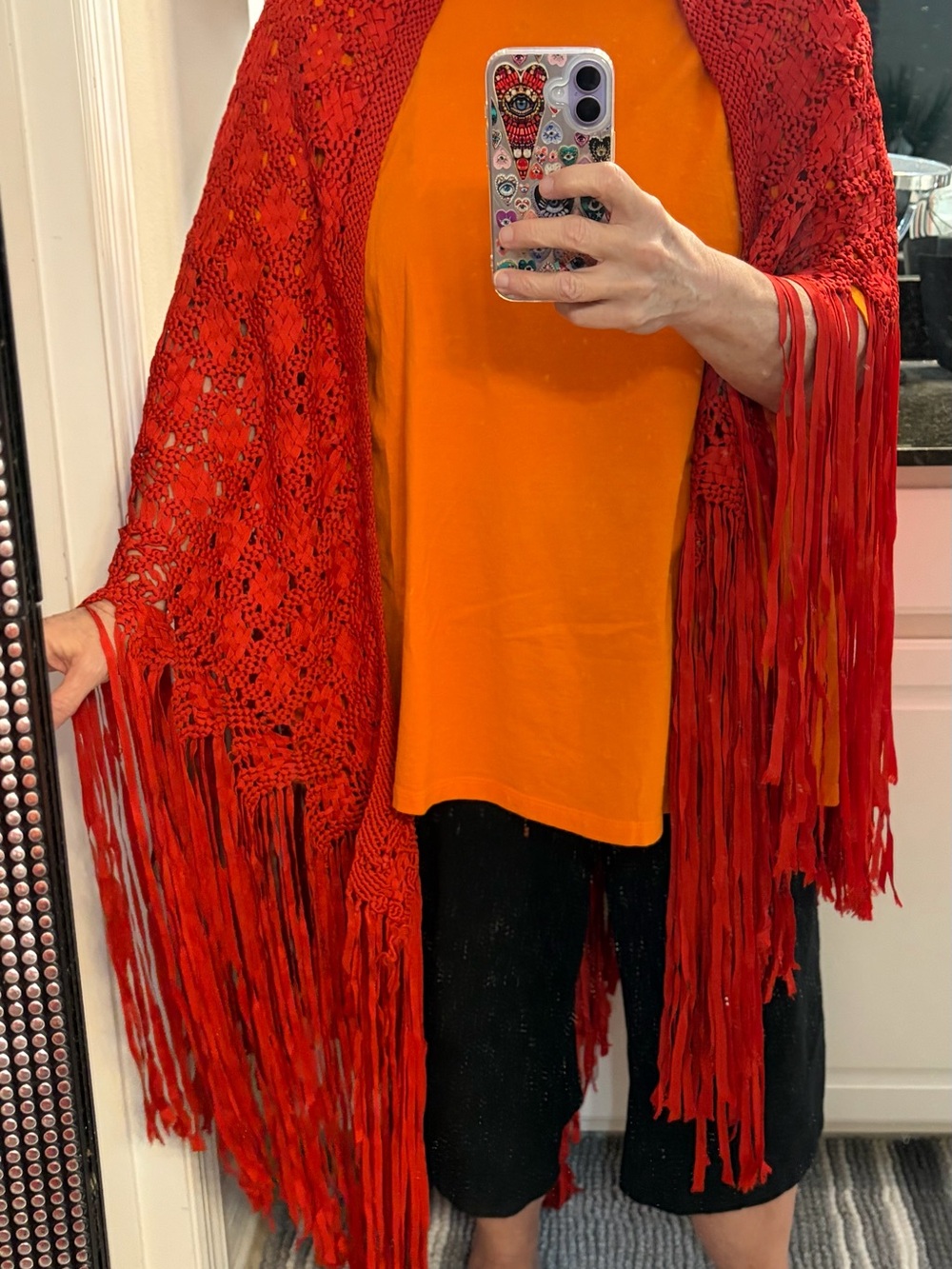 Vintage Dark Orange Crochet Fringe Shawl/Wrap - Stylish Layering Piece